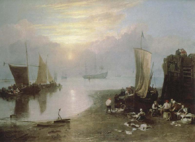J.M.W. Turner sun rising through vapour:fishermen cleaning and selling fish Norge oil painting art